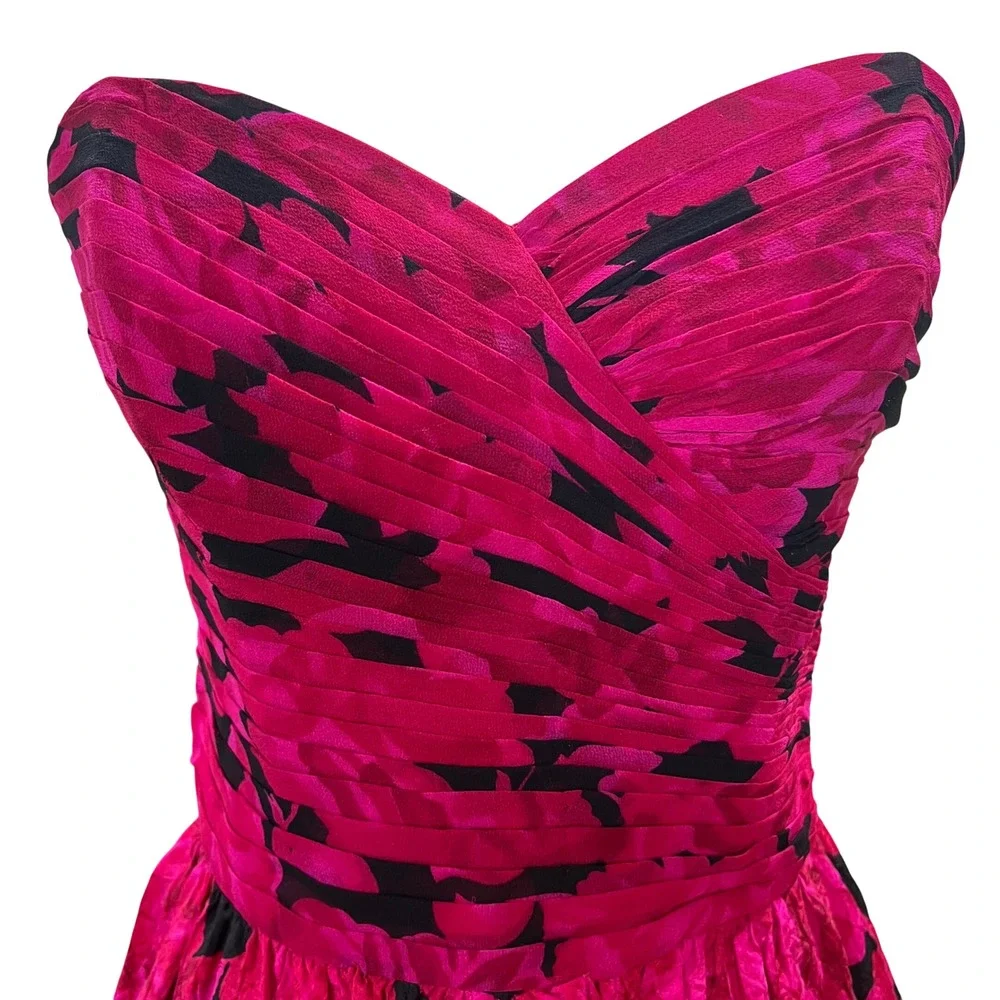 Vintage Rickie Freeman Teri Jon Silk Brocade Strapless Dress Set Fuchsia Black 6